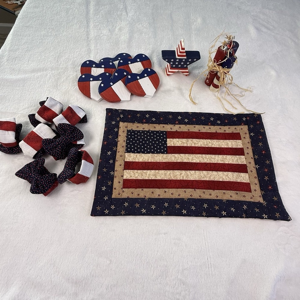 Americana Patriotic Decor Lot Quilt Flag Wood Hearts Firecrackers 4th July